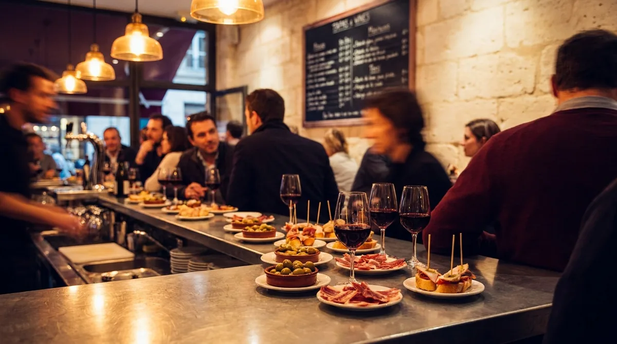 Comptoir d'un bar à tapas bordelais en soirée, petites assiettes à partager et verres de vin rouge